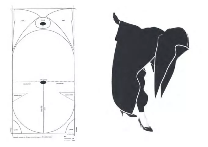 thiết kế áo choàng năm 1982 của teng được tính toán theo chiều rộng của mảnh vải mà nó được cắt ra.